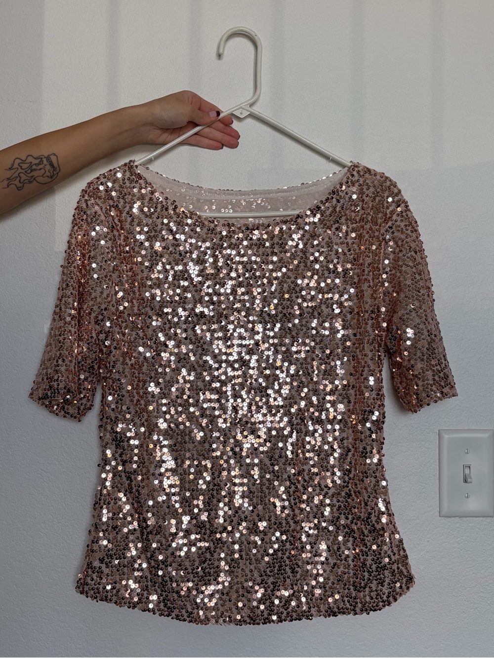 Sequin Short-Sleeve Top in Rose Gold